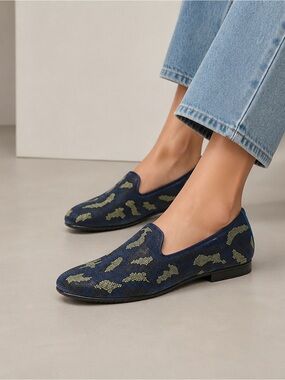 Serra Jacquard Acid Wash Print Brocade Graphic Camo Blue Flats size 8